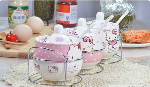 HK Ceramic Seasoning Jar with Iron Frame Spoon Three-piece Set Kitchen Utensils with Lid Seasoning Bottle Seasoning Box Three-compartment Seasoning Jar