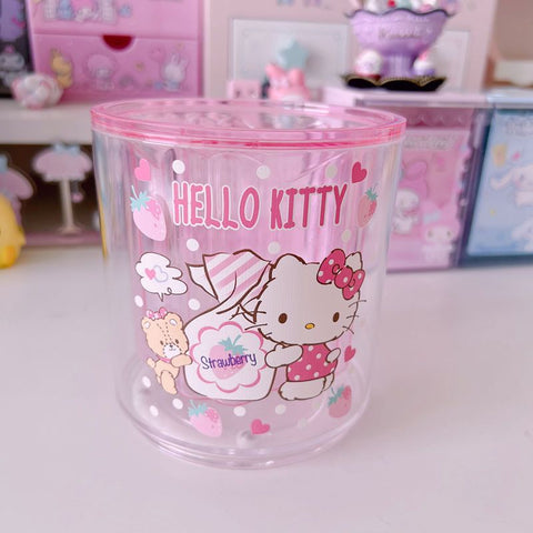 Girls' Heart Transparent Round Rotable Sanrio Penholder Makeup Brush Stationery Storage Bucket Large Capacity