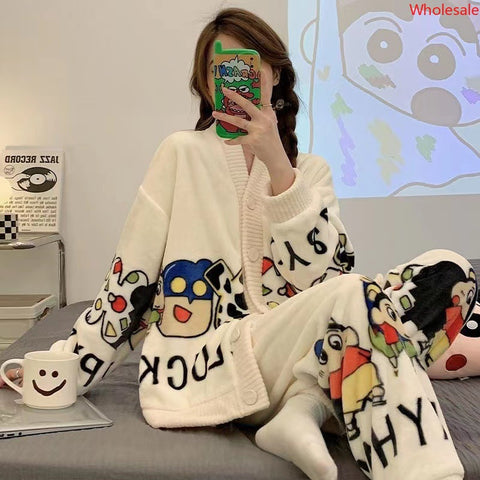 Coral Velvet Pajamas Women&#039;s Autumn and Winter Long-sleeved Flannel Padded Home Service Suit