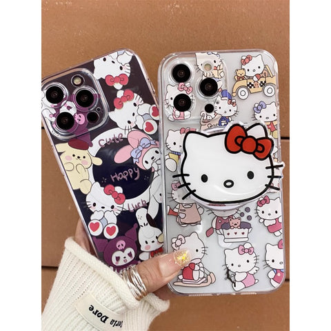 Transparent Sanrio KT Cat Stand Phone Case Kuromi My Melody Sanrio iPhone Case Full Body Protective Case For IPhone 11-15 Pro Max