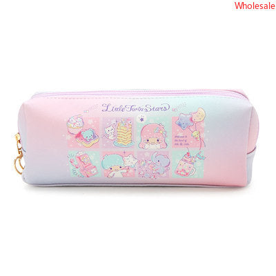 Sanrio Square Leather Double Zipper Kids Pen Bag School Stationery Box Pencil Storage Pocket