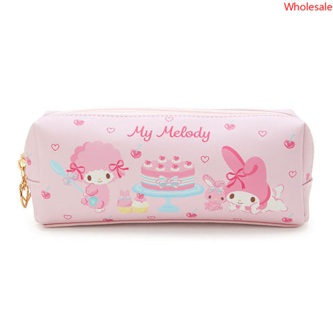 Sanrio Square Leather Double Zipper Kids Pen Bag School Stationery Box Pencil Storage Pocket