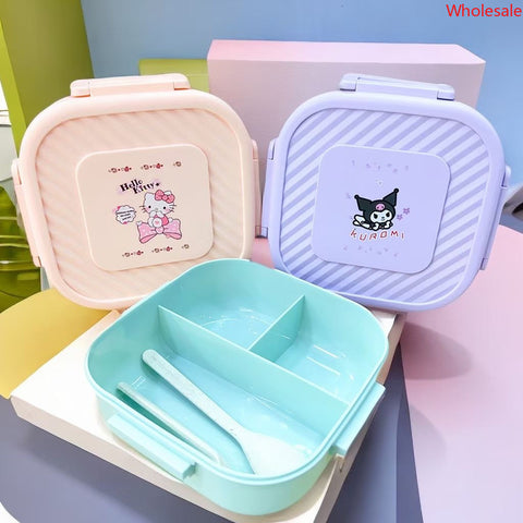 Cute Sanrio plastic bento box can be placed in microwave oven children's school lunch box, three-compartment lunch box, fresh-keeping box