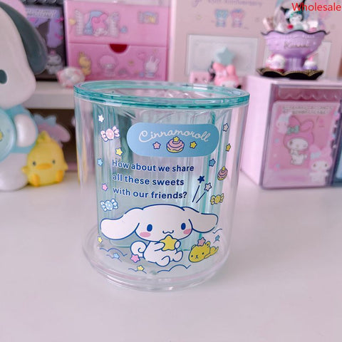 Girls' Heart Transparent Round Rotable Sanrio Penholder Makeup Brush Stationery Storage Bucket Large Capacity