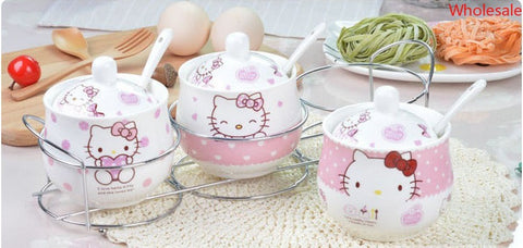 HK Ceramic Seasoning Jar with Iron Frame Spoon Three-piece Set Kitchen Utensils with Lid Seasoning Bottle Seasoning Box Three-compartment Seasoning Jar