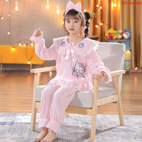 Autumn and Winter Children's Pajamas Coral Plush Warm Girls' Princess Style Thickened Flannel Home Fur Set