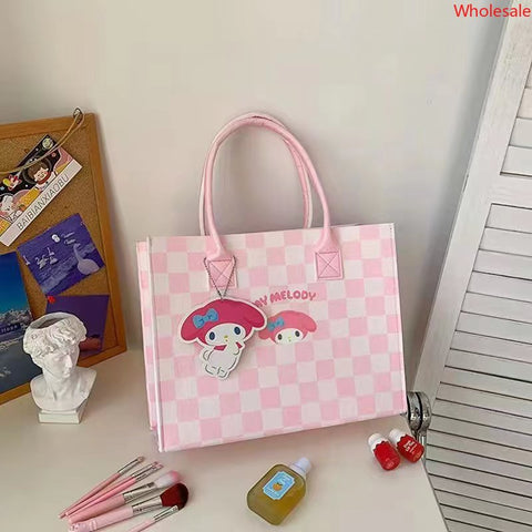 Sanrio Cute Cartoon Plaid Versatile Felt Bag Student Baoma Commuter Tote Bag