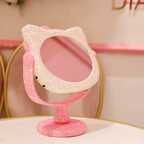 HK Rhinestone Make-up Mirror Patch Diamond Pink Girl Heart Mirror Dressing Mirror Rotating Mirror