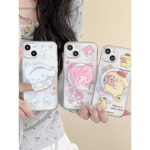 Cute Cartoon Sanrio Magnetic Bracket for Apple 15promax Phone Case Couple IPhone14 New 15pro Niche 11 Female 13 Anti-fall 12 Silicone 14pro All-inclusive Protective Case.