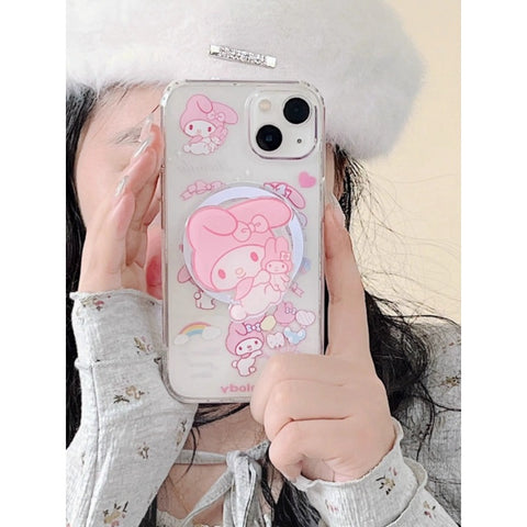 Cute Cartoon Sanrio Magnetic Bracket for Apple 15promax Phone Case Couple IPhone14 New 15pro Niche 11 Female 13 Anti-fall 12 Silicone 14pro All-inclusive Protective Case.