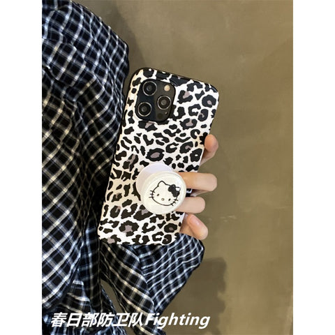 Japanese and Korean Instagram Cute Cartoon Sanrio Black Bow Hello Kitty Stand Kitty Suitable for Apple 15 Promax Matte Leopard Pattern Phone Case IPhone 14/13/12/11 Soft