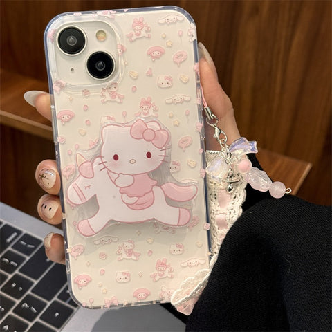 Cute Cartoon Sanrio My Melody Hello Kitty Unicorn Bracket for Apple 15 Mobile Phone Case Pendant Japan and South Korea Ins Wind Girl IPhone14promax13 Anti-fall 12/11 Protective Cover.