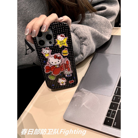 Cute Cartoon Black Polka Dot Hello Kitty Sanrio Hellokitty Open Airplane Stand for Apple 15 Phone Case Japanese and Korean Ins Creative Personality IPhone14promax/13/12/11