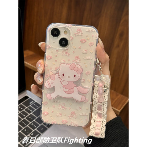 Cute Cartoon Sanrio My Melody Hello Kitty Unicorn Bracket for Apple 15 Mobile Phone Case Pendant Japan and South Korea Ins Wind Girl IPhone14promax13 Anti-fall 12/11 Protective Cover.