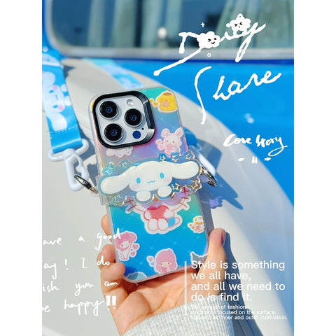 Anti Drop Laser Transparent Matte Cartoon Protective Case Suitable for Apple 15promax/14/13/12 Diagonal Spanning Soft Edge Hard Shell Backable Hanging Rope