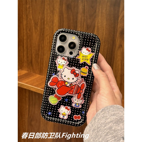 Cute Cartoon Black Polka Dot Hello Kitty Sanrio Hellokitty Open Airplane Stand for Apple 15 Phone Case Japanese and Korean Ins Creative Personality IPhone14promax/13/12/11