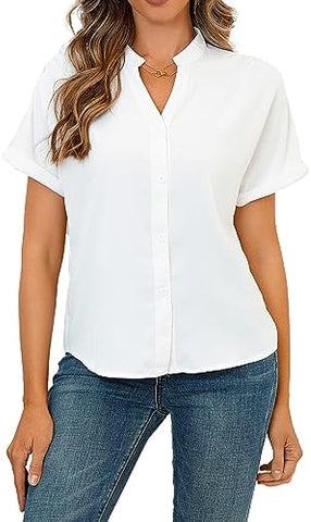 Women Short Sleeve Work Tops V Neck Button Down Office Business Casual Blouses Dressy Shirts S-XXL