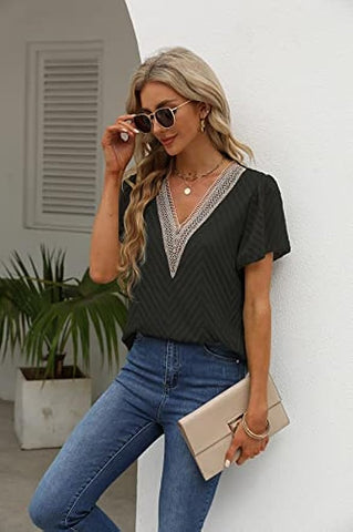 Womens Summer Tops, Lace Trim V Neck T Shirts Ruffle Short Sleeve Casual Work Bussiness Blouses Tunic Tops