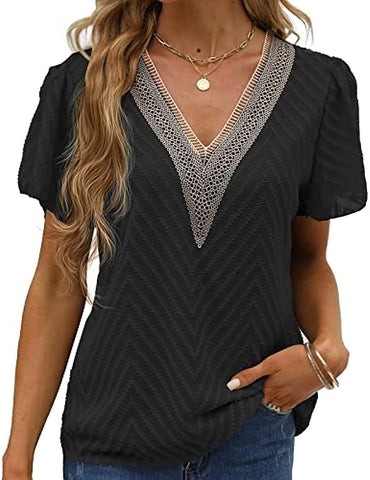 Womens Summer Tops, Lace Trim V Neck T Shirts Ruffle Short Sleeve Casual Work Bussiness Blouses Tunic Tops