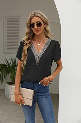 Womens Summer Tops, Lace Trim V Neck T Shirts Ruffle Short Sleeve Casual Work Bussiness Blouses Tunic Tops