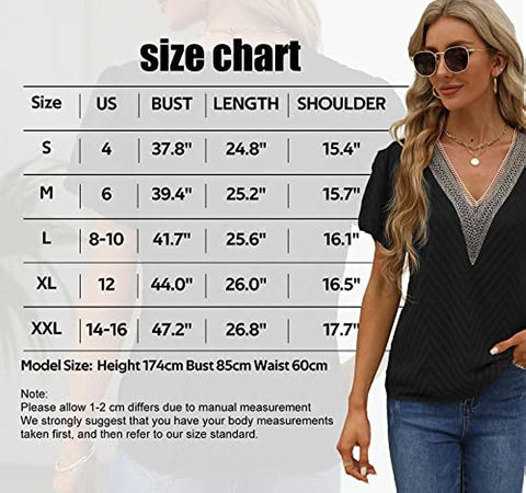 Womens Summer Tops, Lace Trim V Neck T Shirts Ruffle Short Sleeve Casual Work Bussiness Blouses Tunic Tops