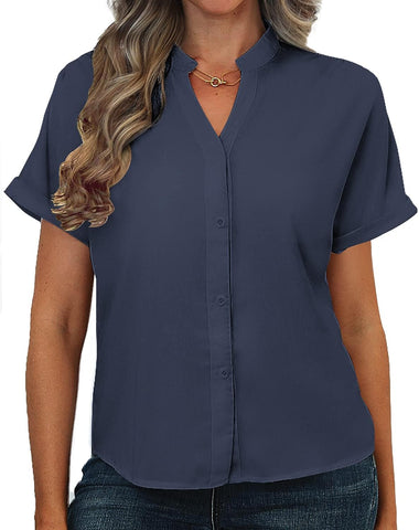 Women Short Sleeve Work Tops V Neck Button Down Office Business Casual Blouses Dressy Shirts S-XXL