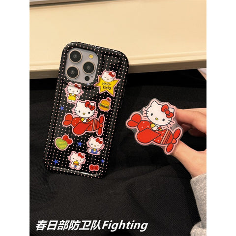 Cute Cartoon Black Polka Dot Hello Kitty Sanrio Hellokitty Open Airplane Stand for Apple 15 Phone Case Japanese and Korean Ins Creative Personality IPhone14promax/13/12/11