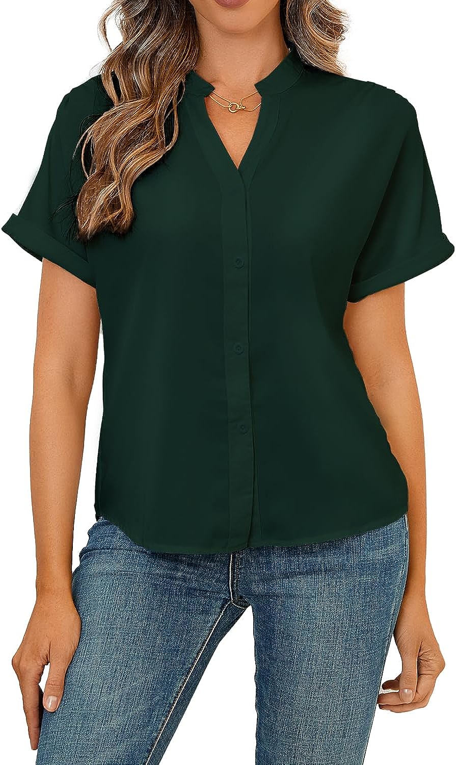 Women Short Sleeve Work Tops V Neck Button Down Office Business Casual Blouses Dressy Shirts S-XXL