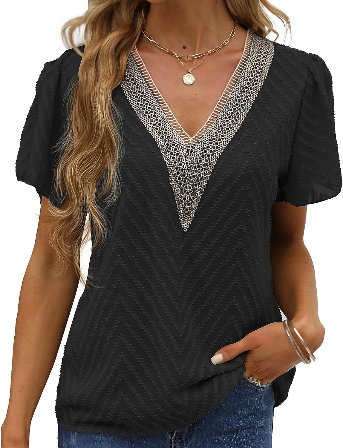 Womens Summer Tops, Lace Trim V Neck T Shirts Ruffle Short Sleeve Casual Work Bussiness Blouses Tunic Tops