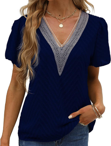 Womens Summer Tops, Lace Trim V Neck T Shirts Ruffle Short Sleeve Casual Work Bussiness Blouses Tunic Tops