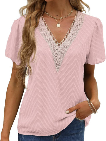 Womens Summer Tops, Lace Trim V Neck T Shirts Ruffle Short Sleeve Casual Work Bussiness Blouses Tunic Tops