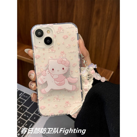 Cute Cartoon Sanrio My Melody Hello Kitty Unicorn Bracket for Apple 15 Mobile Phone Case Pendant Japan and South Korea Ins Wind Girl IPhone14promax13 Anti-fall 12/11 Protective Cover.