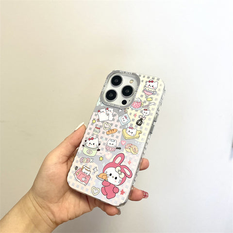 Plaid Sticker KT Cat Cute Sanrio iPhone Case Full Body Protective Case For IPhone 11-15 Pro Max