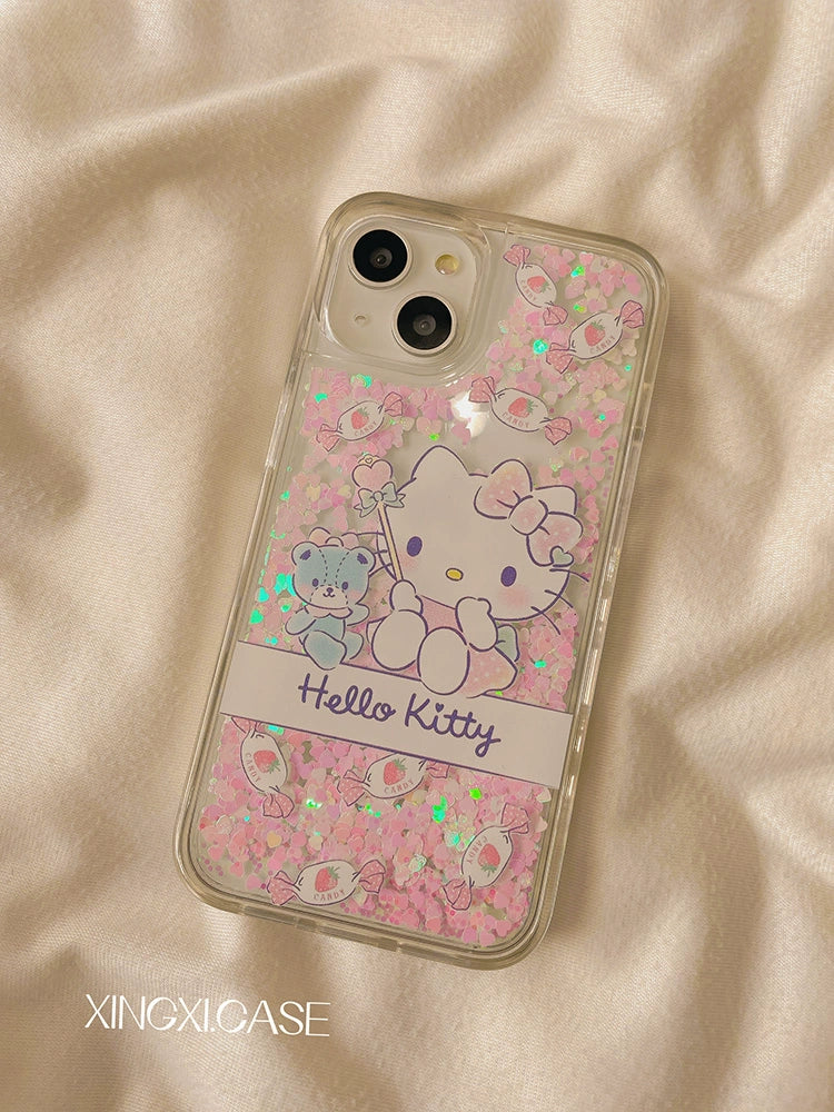 Sanrio Hello Kitty Hard iPhone Glitter Cases with Liquid Suitable for iPhone 11-14 Pro Max