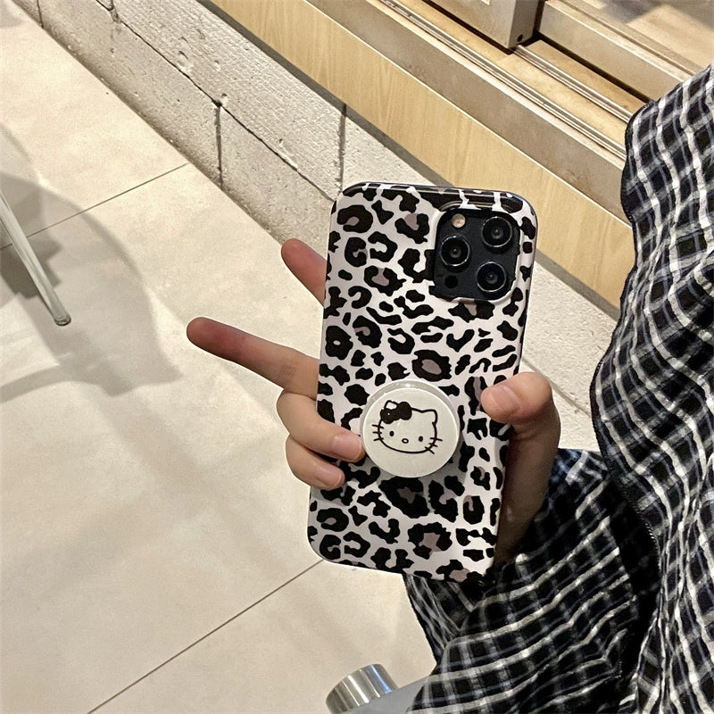 Japanese and Korean Instagram Cute Cartoon Sanrio Black Bow Hello Kitty Stand Kitty Suitable for Apple 15 Promax Matte Leopard Pattern Phone Case IPhone 14/13/12/11 Soft