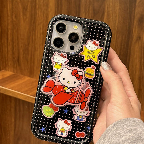 Cute Cartoon Black Polka Dot Hello Kitty Sanrio Hellokitty Open Airplane Stand for Apple 15 Phone Case Japanese and Korean Ins Creative Personality IPhone14promax/13/12/11