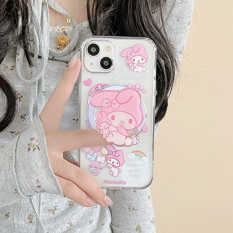 Cute Cartoon Sanrio Magnetic Bracket for Apple 15promax Phone Case Couple IPhone14 New 15pro Niche 11 Female 13 Anti-fall 12 Silicone 14pro All-inclusive Protective Case.