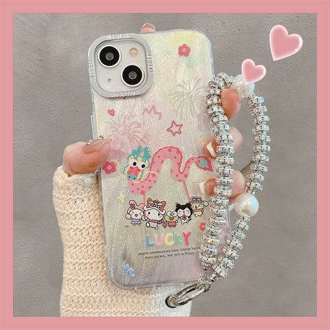 Hello Kitty Dragon Dance Wristband Hard Shell Apple Mobile Phone Case Kuromi My Melody Sanrio iPhone Case Full Body Protective Case For IPhone 11-15 Pro Max