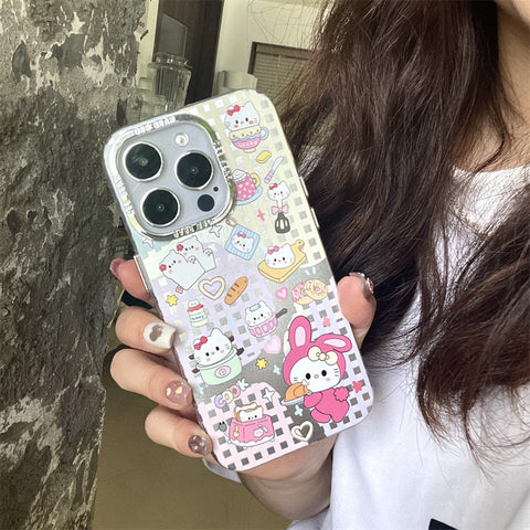 Plaid Sticker KT Cat Cute Sanrio iPhone Case Full Body Protective Case For IPhone 11-15 Pro Max