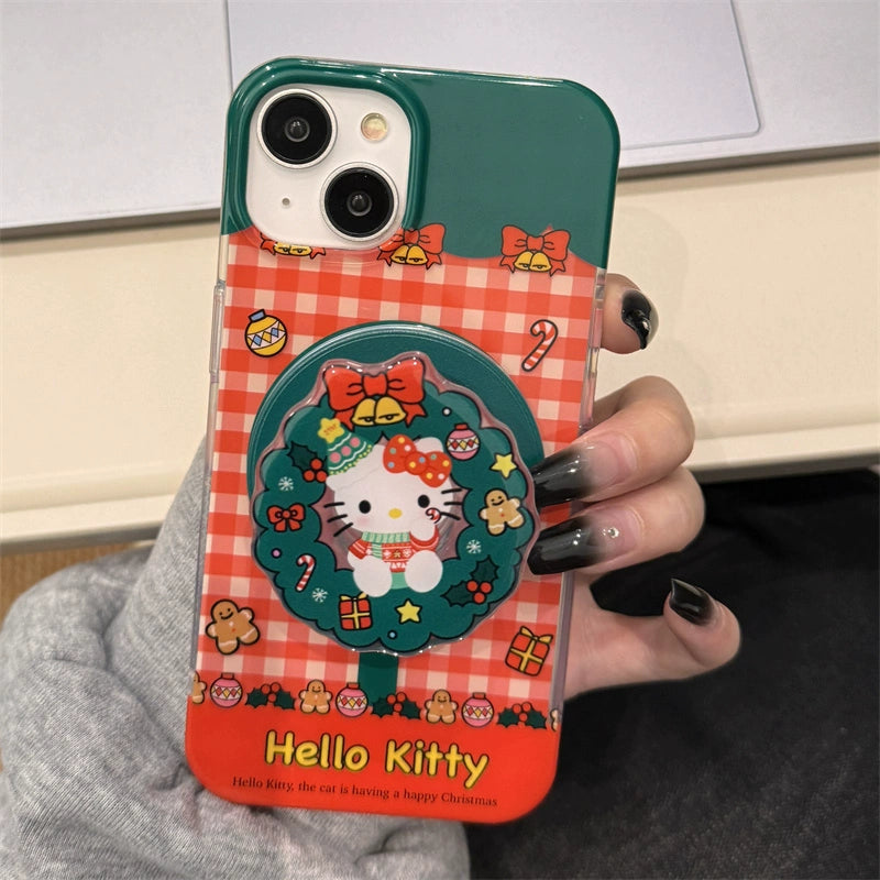 Sanrio Cute Cartoon Christmas Flower Basket Bell Plaid Hellokitty Kitty Cat Magnetic Stand Suitable for Apple 15 Phone Case Wireless Charging iPhone 14 promax 13/12/11