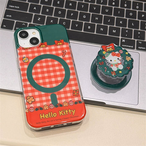 Sanrio Cute Cartoon Christmas Flower Basket Bell Plaid Hellokitty Kitty Cat Magnetic Stand Suitable for Apple 15 Phone Case Wireless Charging iPhone 14 promax 13/12/11