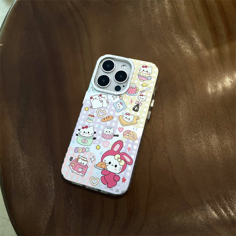 Plaid Sticker KT Cat Cute Sanrio iPhone Case Full Body Protective Case For IPhone 11-15 Pro Max