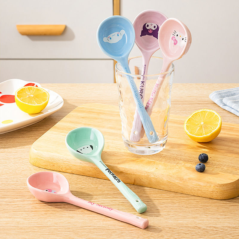 HelloKitty Long Handled Spoon Ceramic Children's Eating and Drinking Spoon Extended Spoon Design Cute Instagram