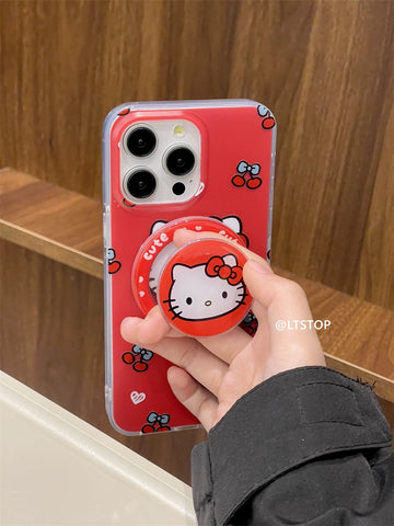 Simple Sanrio Cherry Hellokitty Magnetic Bracket Cute Sanrio iPhone Case Full Body Protective Case For IPhone 11-15 Pro Max