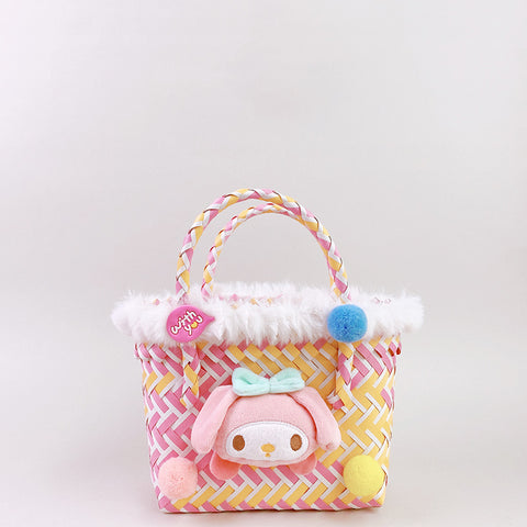 Sanrio Doll twill color-blocking woven vegetable basket handbag