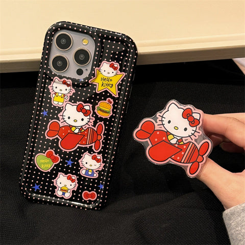 Cute Cartoon Black Polka Dot Hello Kitty Sanrio Hellokitty Open Airplane Stand for Apple 15 Phone Case Japanese and Korean Ins Creative Personality IPhone14promax/13/12/11