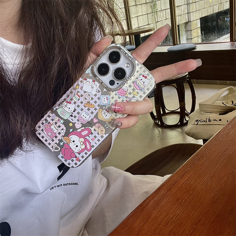 Plaid Sticker KT Cat Cute Sanrio iPhone Case Full Body Protective Case For IPhone 11-15 Pro Max