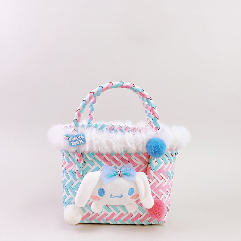 Sanrio Doll twill color-blocking woven vegetable basket handbag