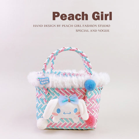 Sanrio Doll twill color-blocking woven vegetable basket handbag