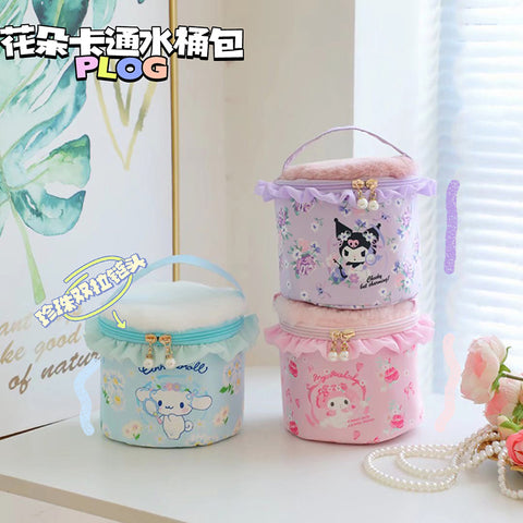 Sanrio Flower Ruffle Edge Portable Makeup Case Portable Bucket Bag